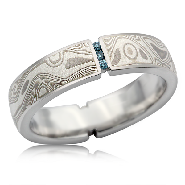 Vertical Floating Mokume Wedding Band Sky Blue Diamond Accents