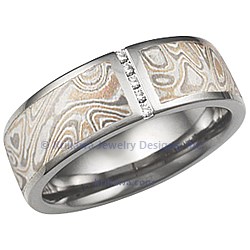 Champagne Mokume Wedding Band with Vertical Diamond Channel