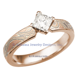 Mokume Princess Kite Engagement Ring in rose gold with champagne mokume