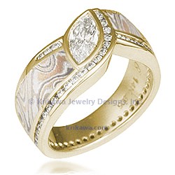 Mokume Wave Diamond Crossing Engagement Ring 14k Yellow Gold