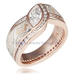 Mokume Wave Diamond Crossing Engagement Ring 14k Rose Gold
