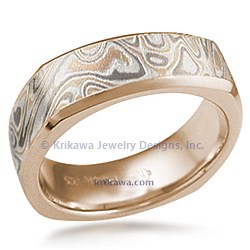 Cushion Champagne Mokume Wedding Band with Beveled 14k Rose Gold Edges