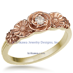 Rose Poppy Daisy Engagement Ring in 14k Yellow Gold and 14k Rose Gold