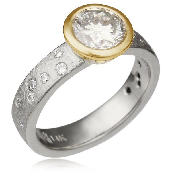 Rustic Bezel Engagement Ring in platinum with 18k yellow gold bezel
