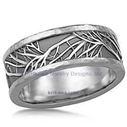 Tree of Life Wedding Band with Hammered Rails