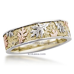 Tri metal Oak Leaf Wedding Band with Palladium Rails