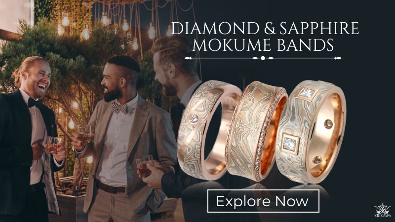 Diamond and Sapphire Mokume Wedding Bands