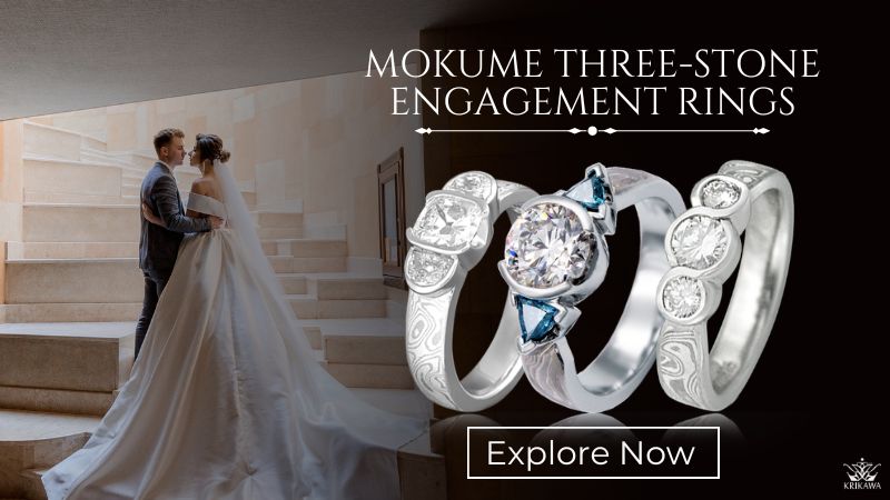 Mokume Three-Stone Engagement Rings
