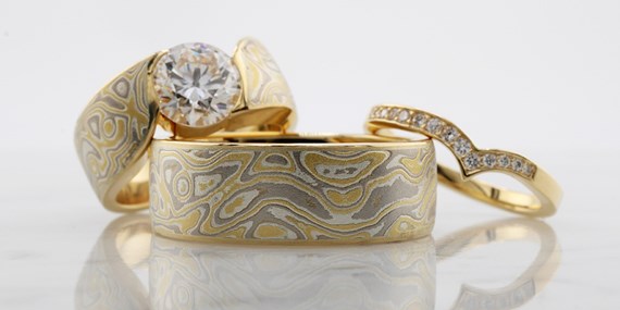 Mokume Gane Wedding Band & Matching Engagement Ring Set