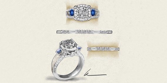 Three Stone Juicy Halo Engagement Ring Sketch