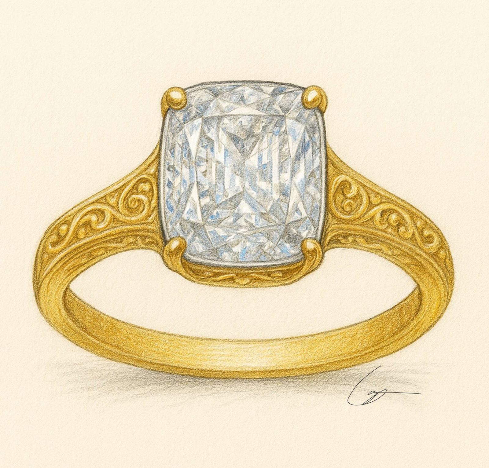 Taylor Swift Engagement Ring Sketch 18k Yellow Gold Elongated Antique Cushion Cut Natural Diamond