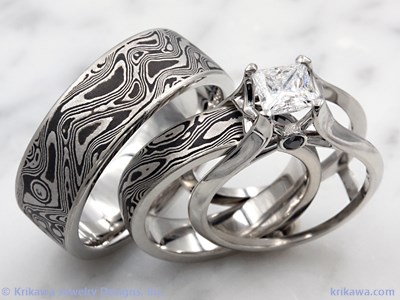 black and white mokume bridal set