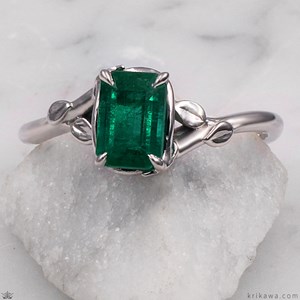 Custom Leaf Engagement Ring with Emerald