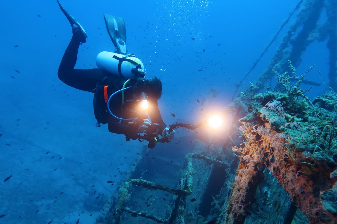 sunken ship with diver