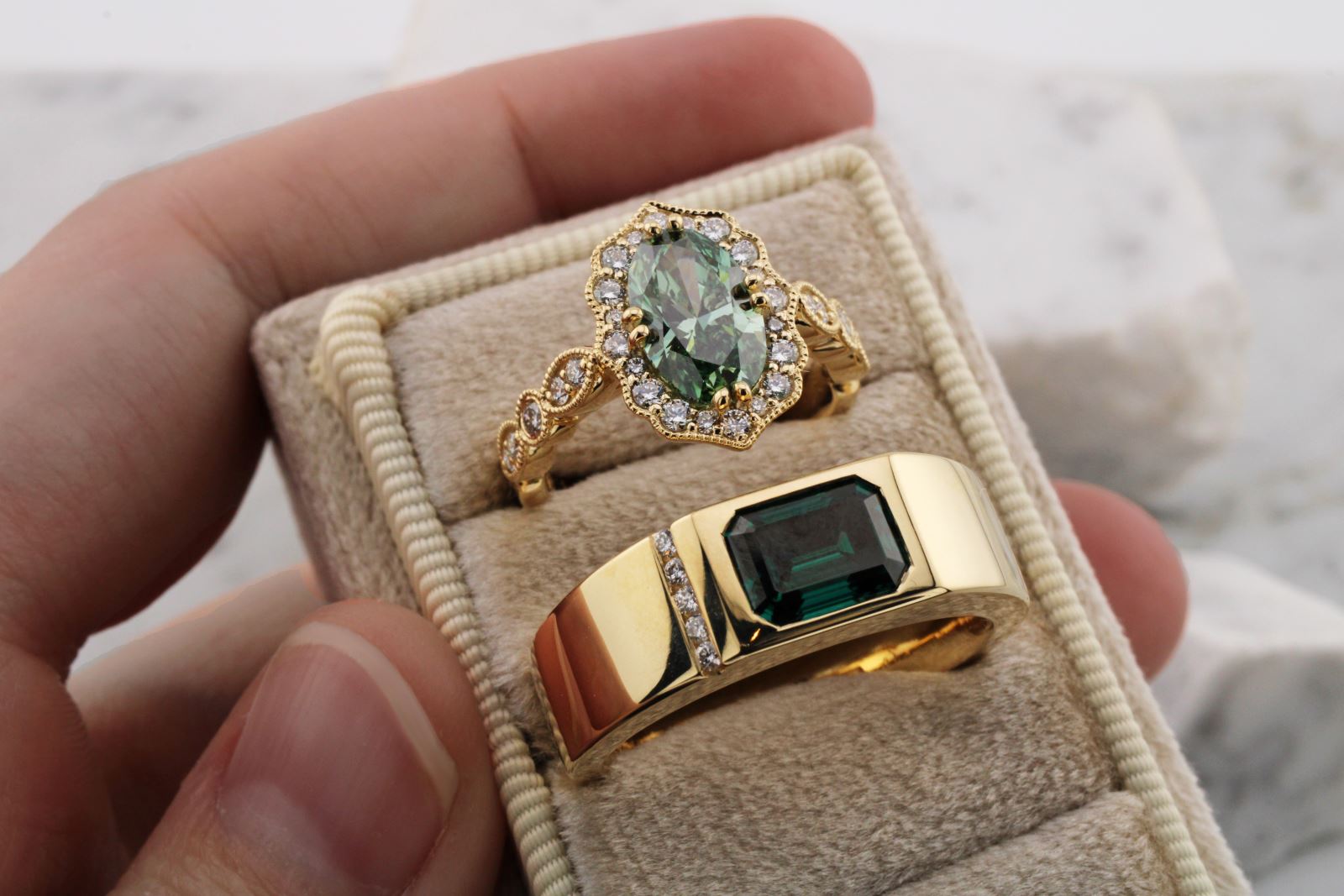 custom rings with green stones modern and vintage