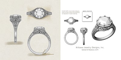 Illustration and CAD rendering of client custom engagement ring