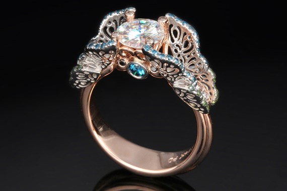 Butterfly Engagement Ring with Natural Color Enhanced Diamonds