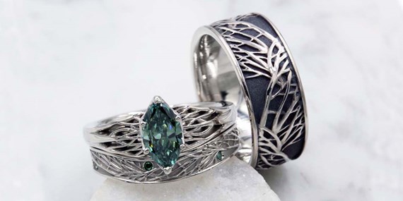 Green color enhanced diamond engagement ring bridal set