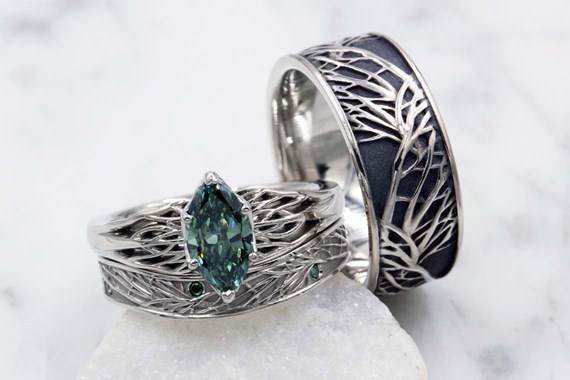 Green color enhanced diamond engagement ring bridal set