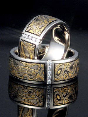 Mokume Wedding Band with Verrtical Diamond Channel Set