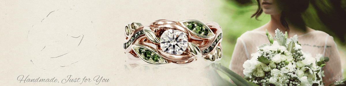 Vine and leaf engagement ring banner image with bride in green dress at alter