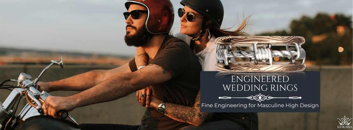 couple riding motor cycle with cool wedding rings for men