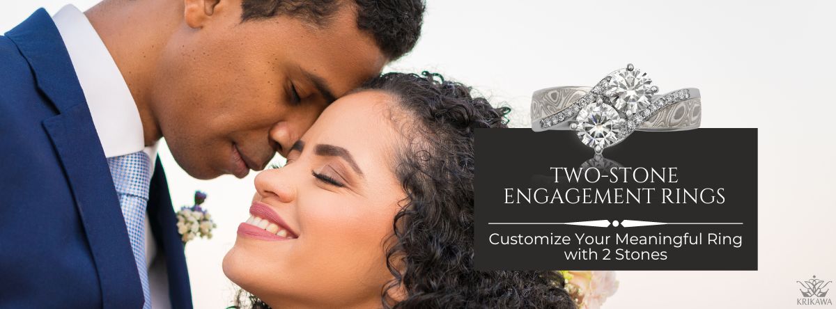 Couple sharing an intimate moment, with a two-stone engagement ring featured beside them.