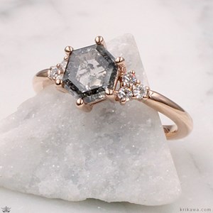 Hexagon Petite Trinity Engagement Ring with Salt and Pepper Diamond