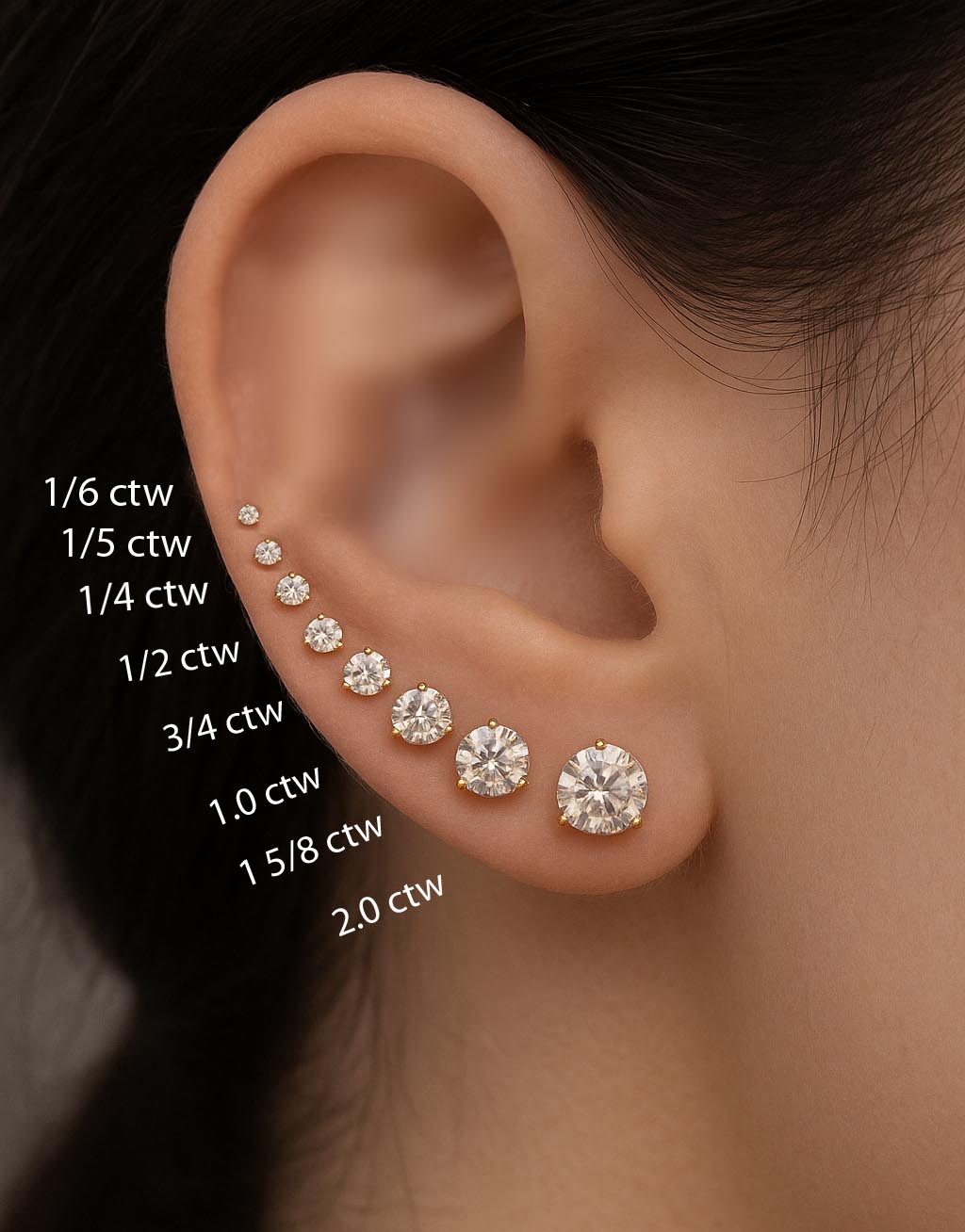 diamond stud sizes on ear chart