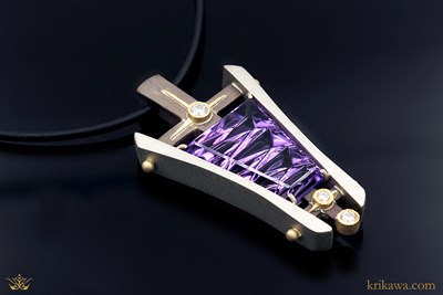 Hand Fab Amethyst Pendant in 18k yellow gold and 14k white gold with amethyst and diamond