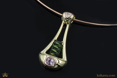 Tourmaline Pendant in 18k green gold and 14k rose gold with tourmaline and pink sapphire