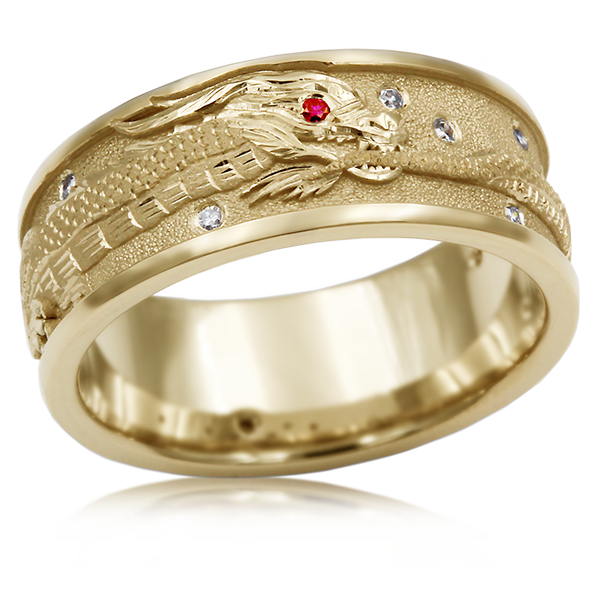 Dragon Ouroboros Wedding Band 14k Yellow Gold Red and White Diamonds