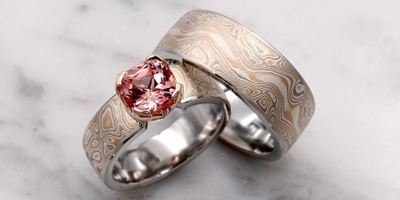 Champagne Mokume Gane Wedding Set