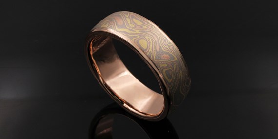 Trigold Mokume Gane 14k Rose Gold Wedding Band