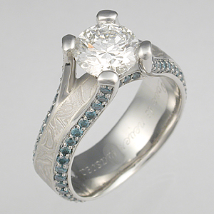 Juicy Mokume Engagement Ring with blue diamonds