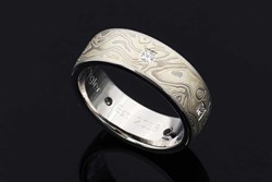 Mokume Wedding Band with 5 Flush Princess Diamonds