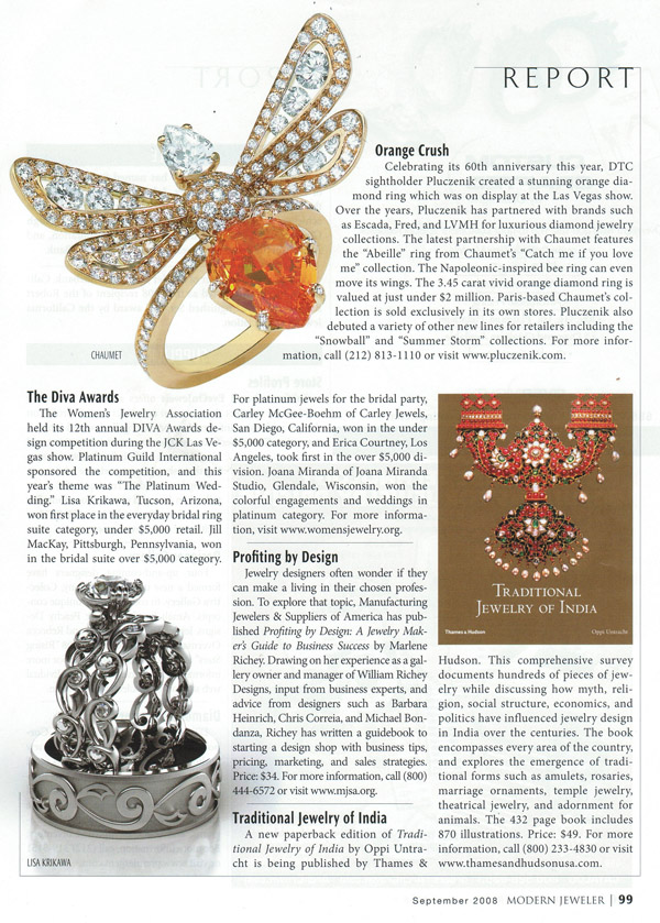 Modern Jeweler September 2008 Diva Awards article feat. Krikawa Delicate Leaf set