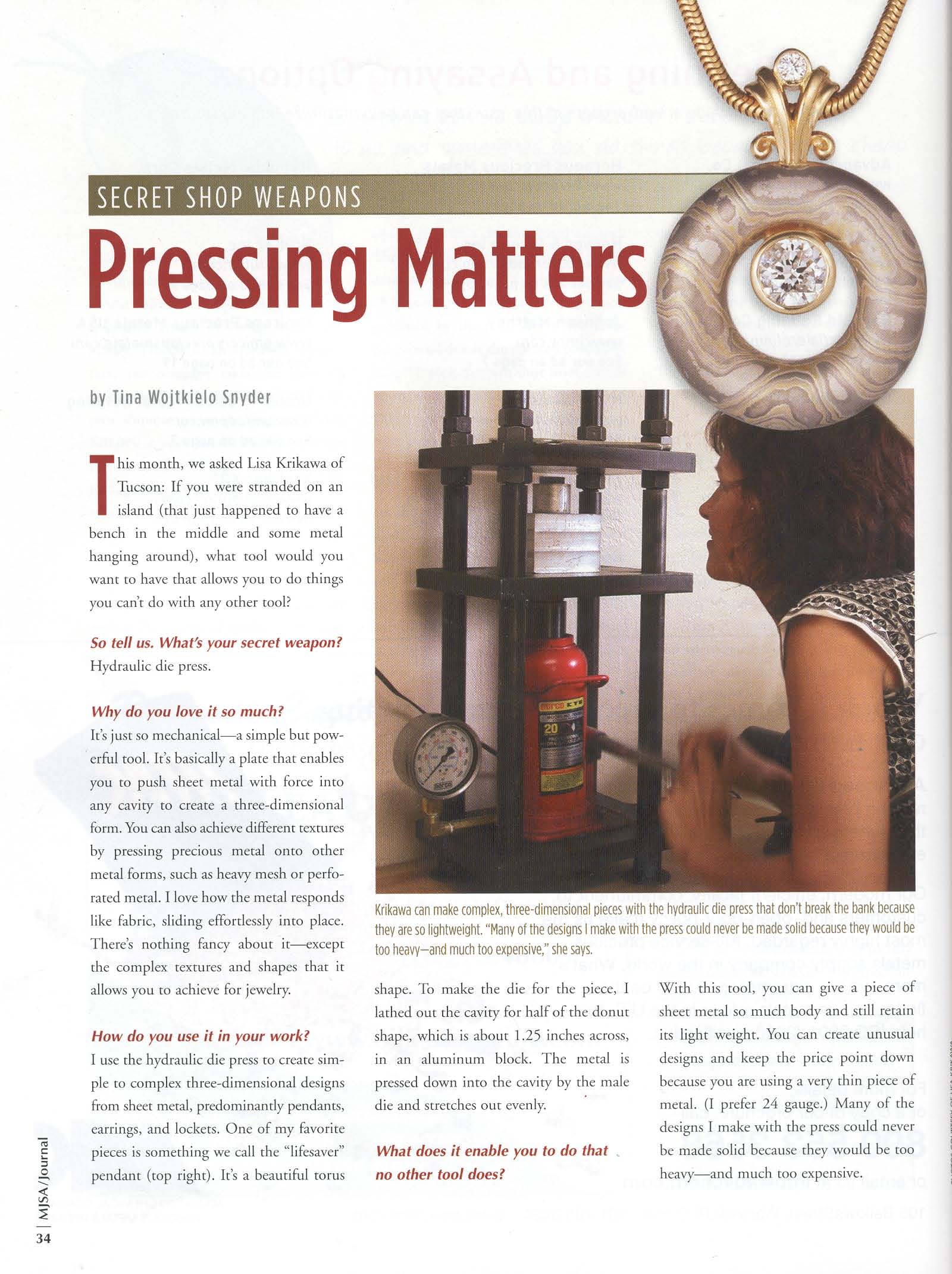 Pressing Matters Lisa in MJSA Journal October 2009 Article