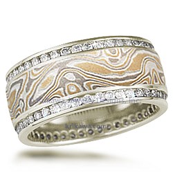 Double Diamond Channel Wedding Band in Summer Mokume and 10k Green Gold