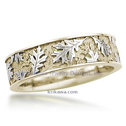 Two tone Oak Leaf Wedding Band in 14k Yellow Gold and White Gold