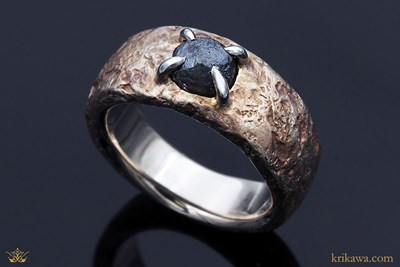 Ancient Roman Style Engagement Ring in 14k rose gold and 14k pd white gold with a raw black diamond