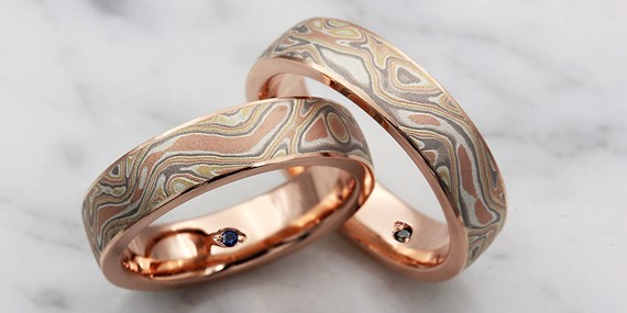 Birthstones Inside Mokume Wedding Band Set
