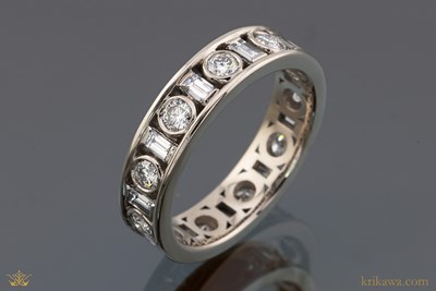 Baguette and Round Diamond Channel Wedding Band in 14k pd white gold with natural diamonds