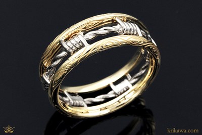 Barbed Wire Wedding Band in 14k yellow gold and 14k pd white gold