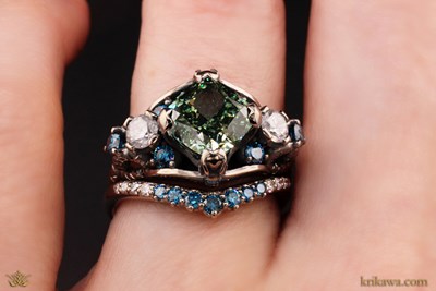 Bead Set Curved Wedding Band in 18k pd white gold with lab-grown diamonds and color enhanced blue diamonds