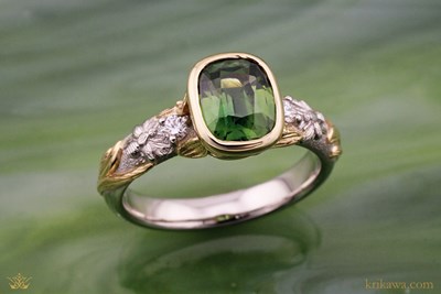 Bezel-Set Bee Engagement Ring in Platinum and 14k Yellow Gold with Green Sapphire