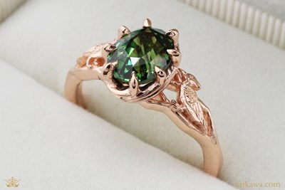 Bird Watcher Engagement Ring with Green Sapphire