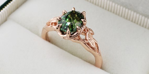 Bird Watcher Engagement Ring with Oval Green Lab Sapphire