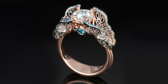 Butterfly Engagement Ring with Natural Color Enhanced Diamonds