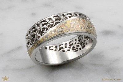Carbon Mokume Wedding Band in platinum and autumn mokume